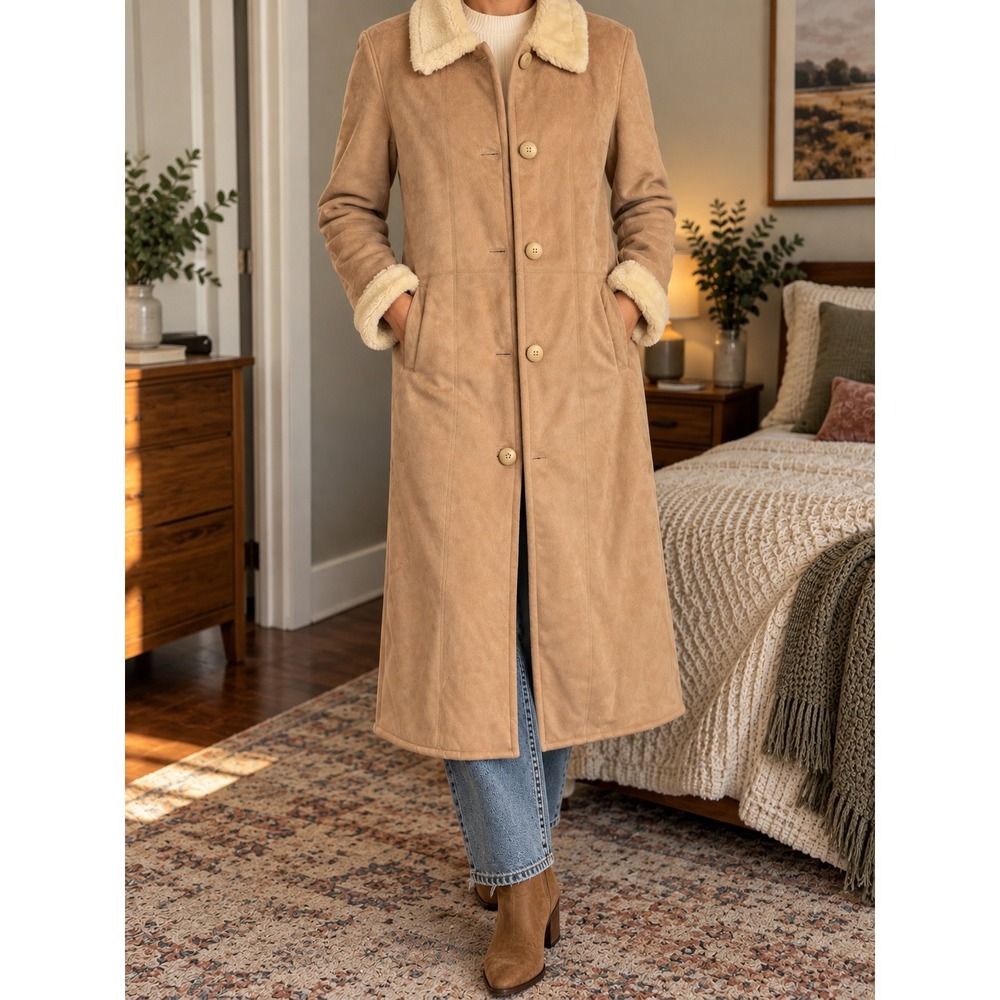 Big Chill Womens S Tan Faux Suede Long Coat Faux Fur Collar Y2K Camel Trench